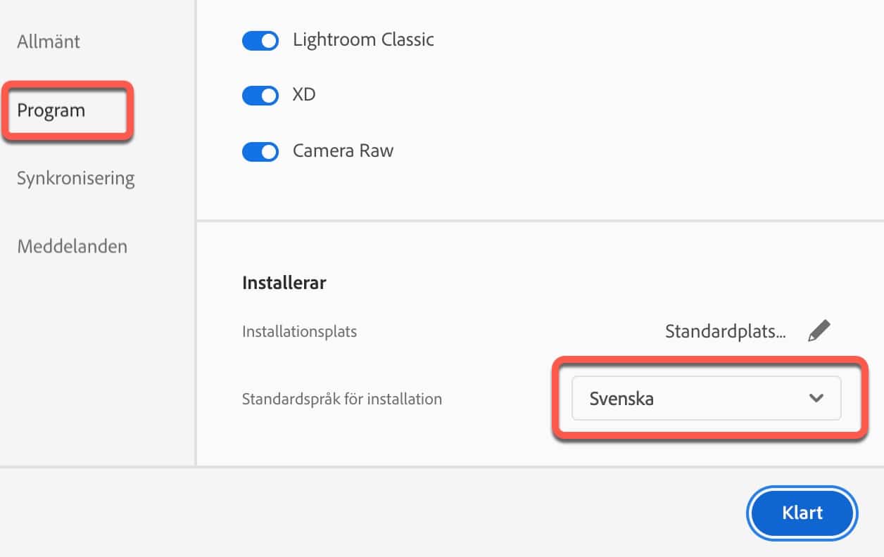 Skärmdump på var du ändrar språk i Creative Cloud appen.
