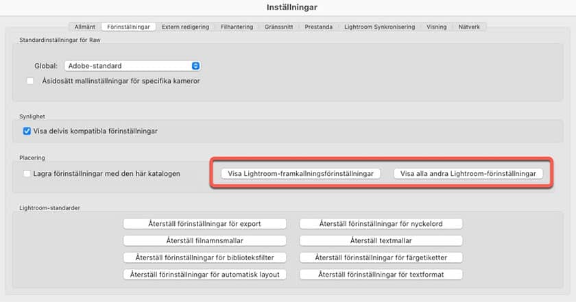 Hitta platsen där Lightroom Classics förinställningar är lagrade.