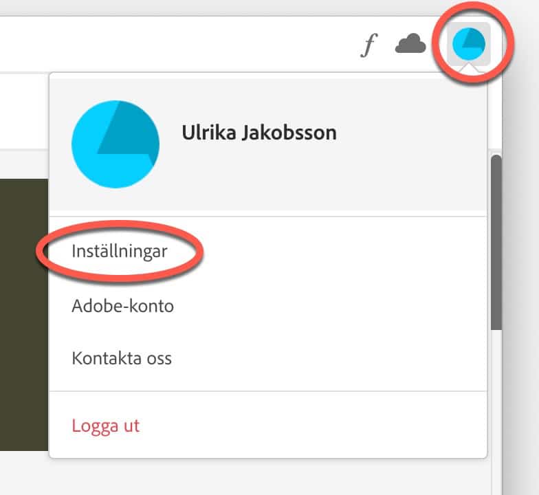 Skärmdump som visar var du hittar inställningar i appen Creative Cloud.