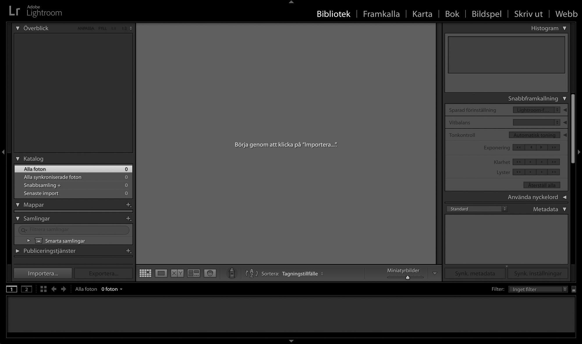 Skärmdump av Lightroom Classic som är helt tomt och reda att starta från början genom en import.
