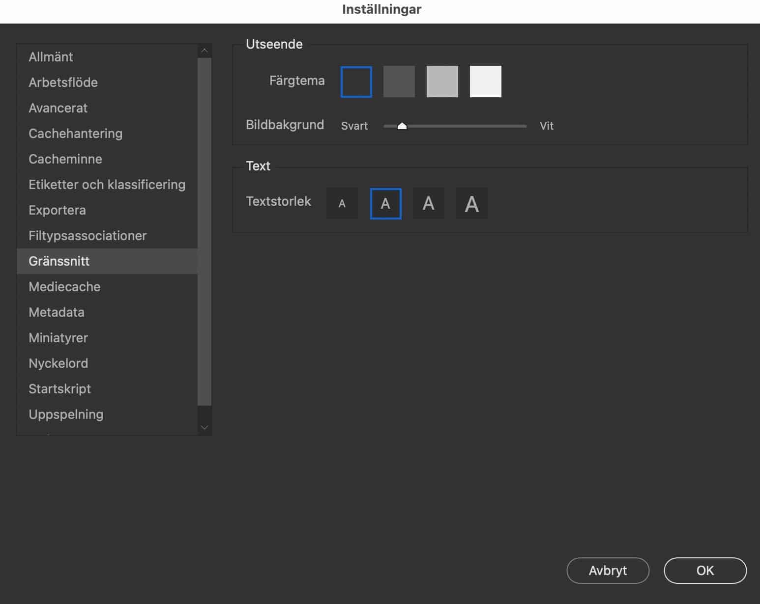 Ändra färgtema, bildbakgrund och textstorlek i Bridge