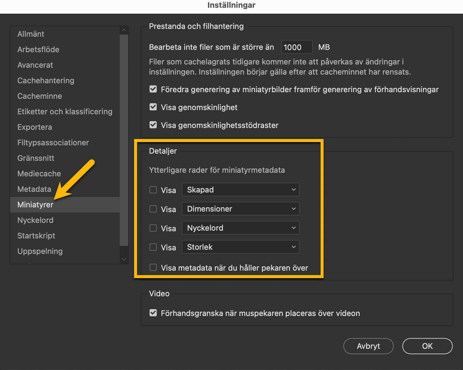 Inställningsalternativ i Bridge