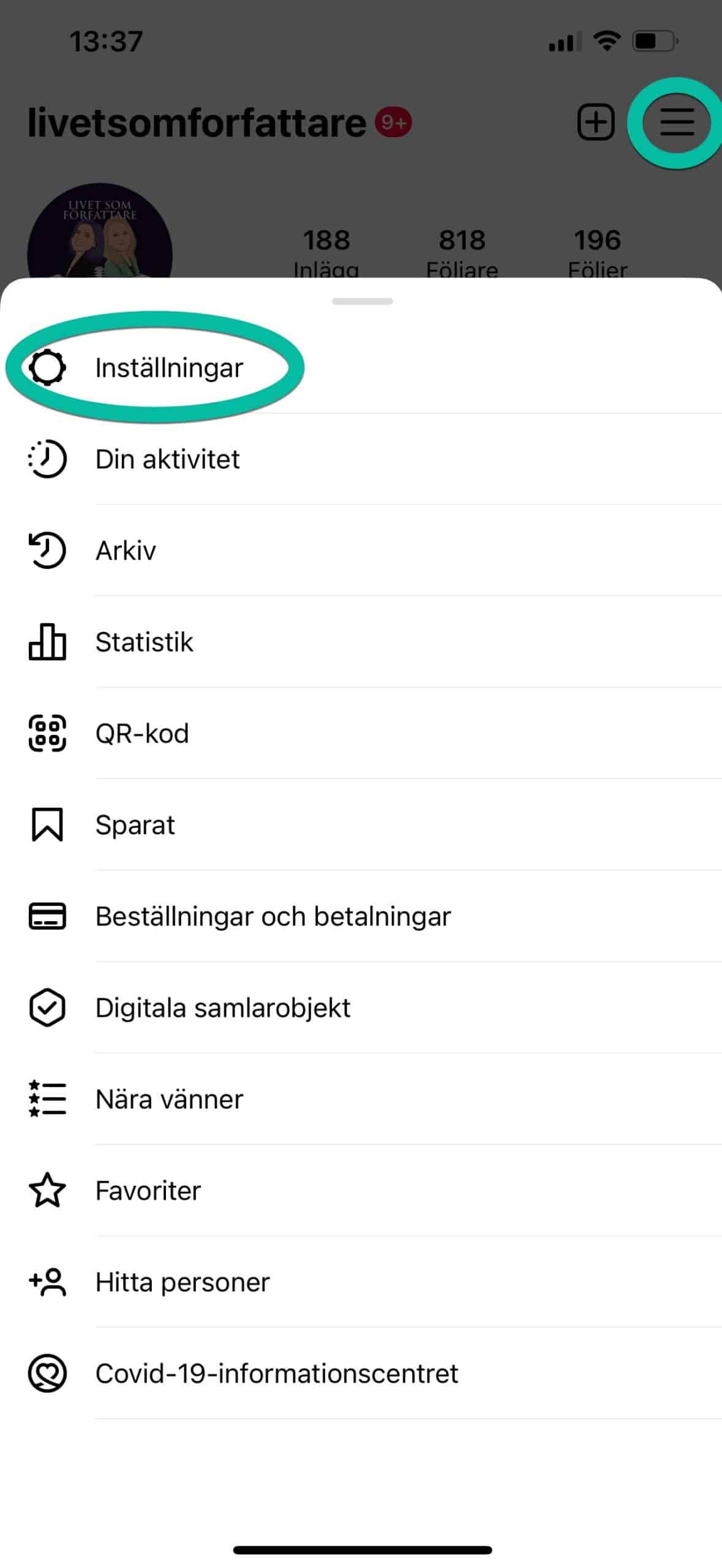 En skärmdump på Instagrams meny.