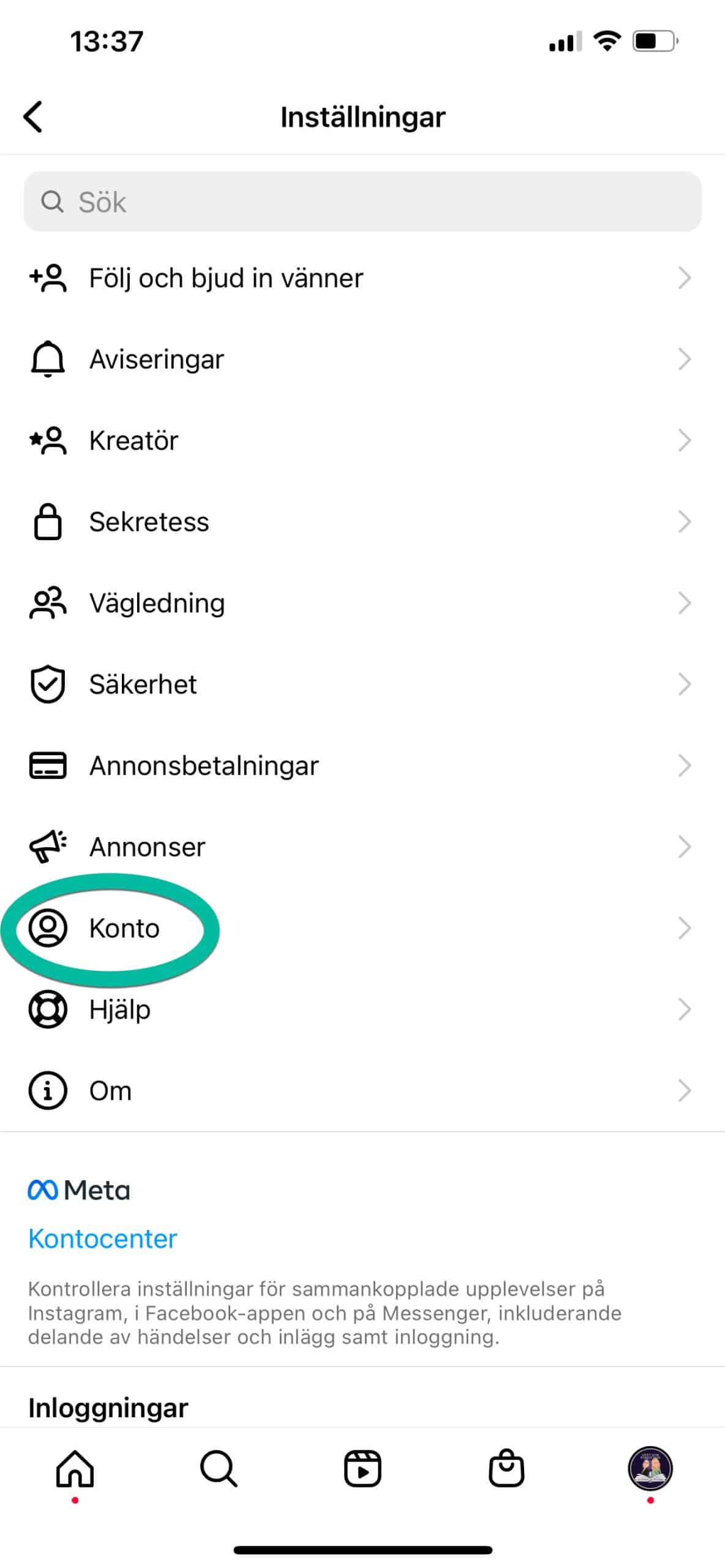 En skärmdump på Instagrams inställningar.