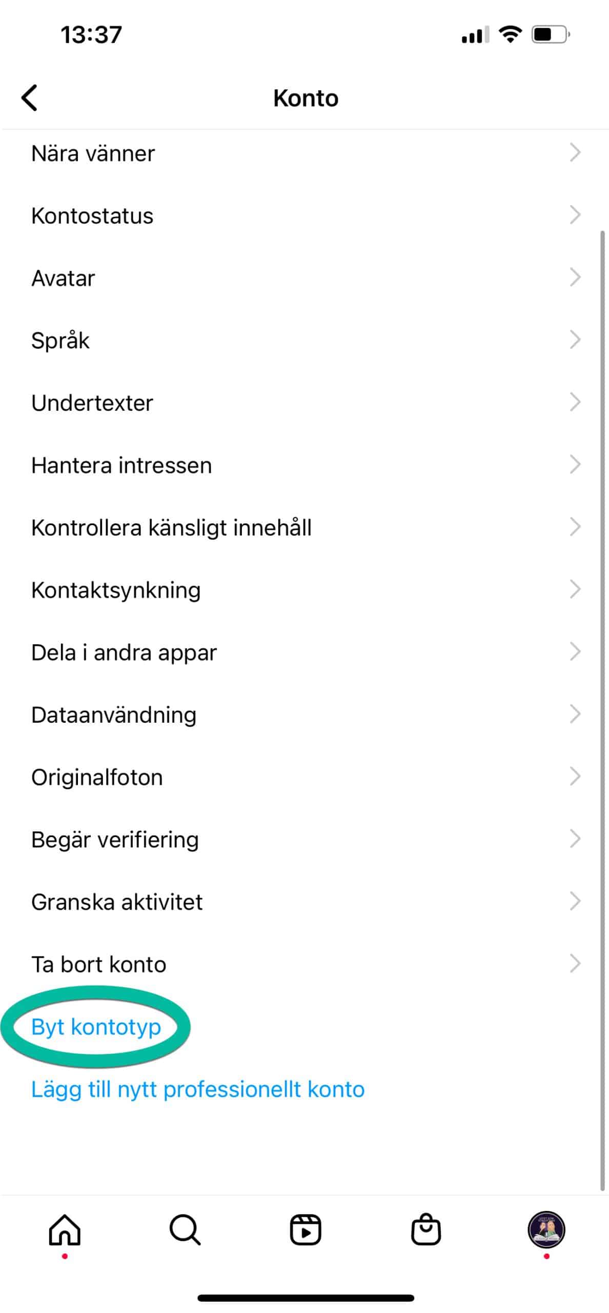 En skärmdump på kontoinställningarna på Instagram.