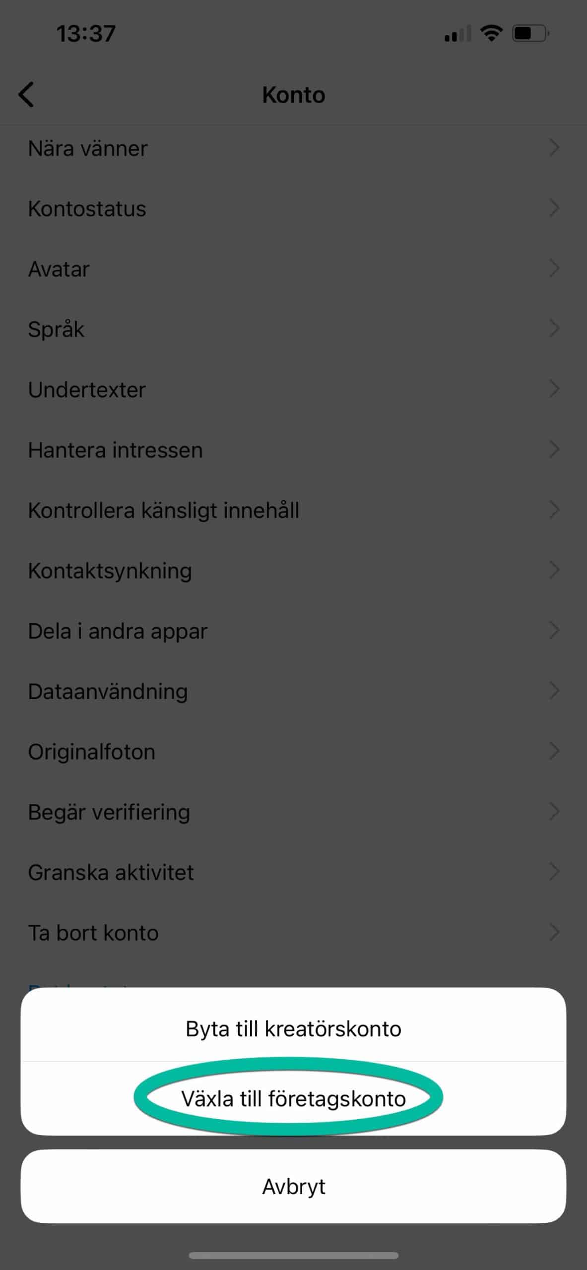 Skärmdump på valet mellan kreatör och företag på Instagram.