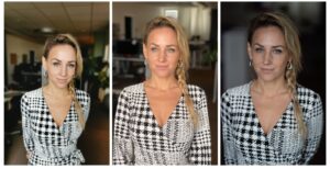 Tre bilder av samma kvinna klädd i samma tröja med tre olika bild kvalitéer