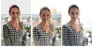 Tre bilder av samma kvinna klädd i samma tröja med tre olika bild kvalitéer i utomhusmiljö