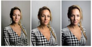 Tre bilder av samma kvinna klädd i samma tröja med tre olika bild kvalitéer