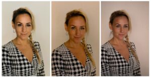 Tre bilder av samma kvinna klädd i samma tröja med tre olika bild kvalitéer mot vägg