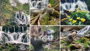 Fotocollage med kvinna som fotograferar med mobilen i olika positioner.