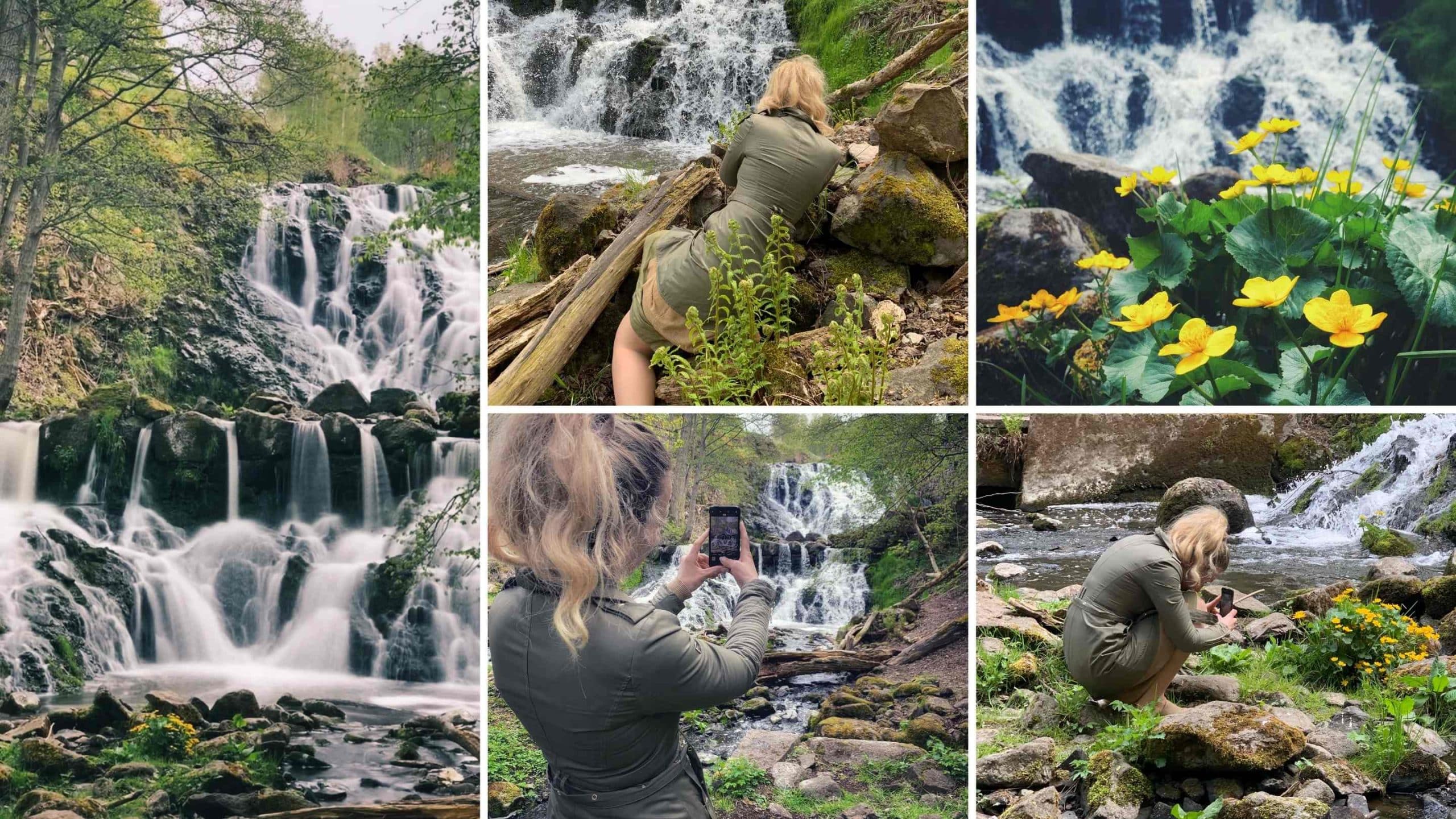 Fotocollage med kvinna som fotograferar med mobilen i olika positioner.