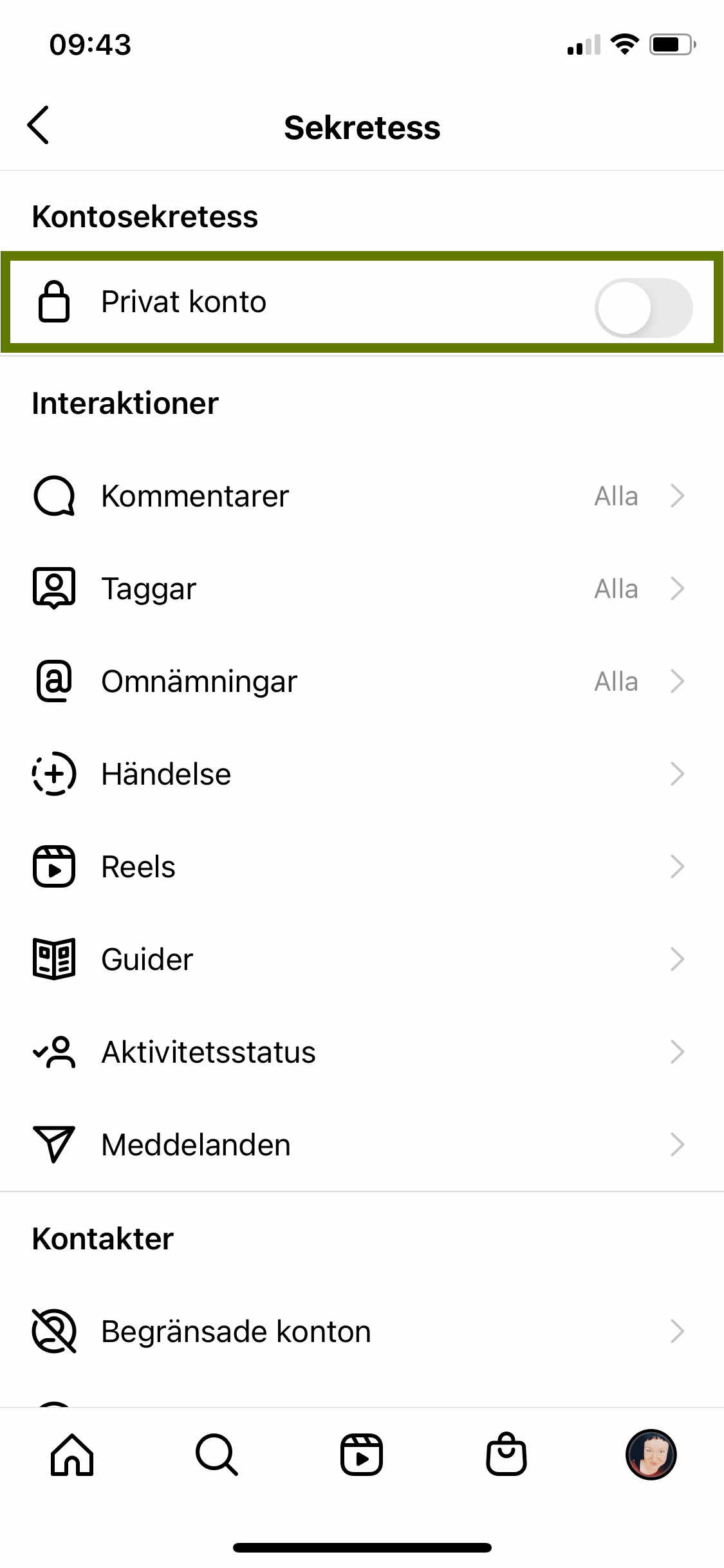 Inställningar på Instagram