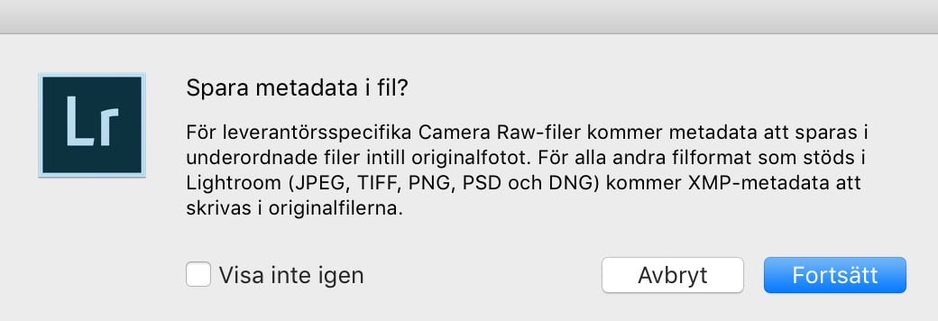 Spara metadatan i Lightroom i en xmp-fil