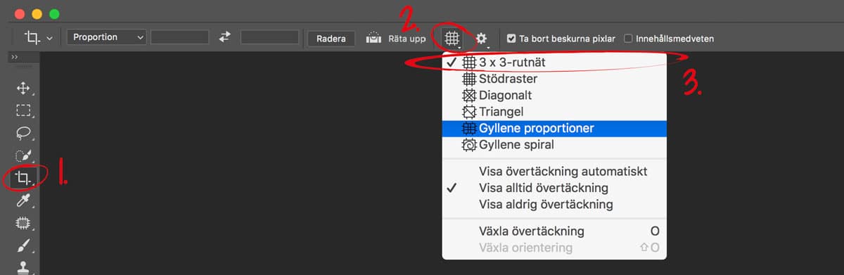 Välj olika övertäckningsalternativ med beskärverktyget i Photoshop.