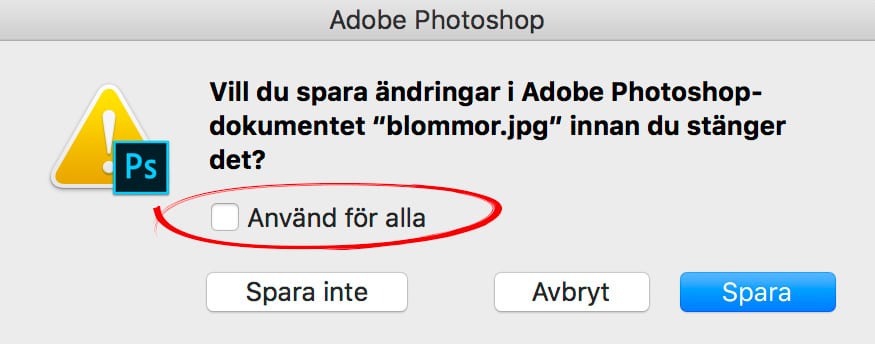 Stäng alla dokument i Photoshop och applicera samma val