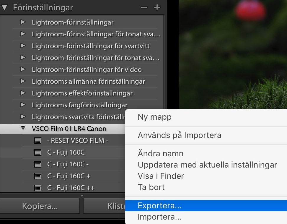 Exportera en förinställning