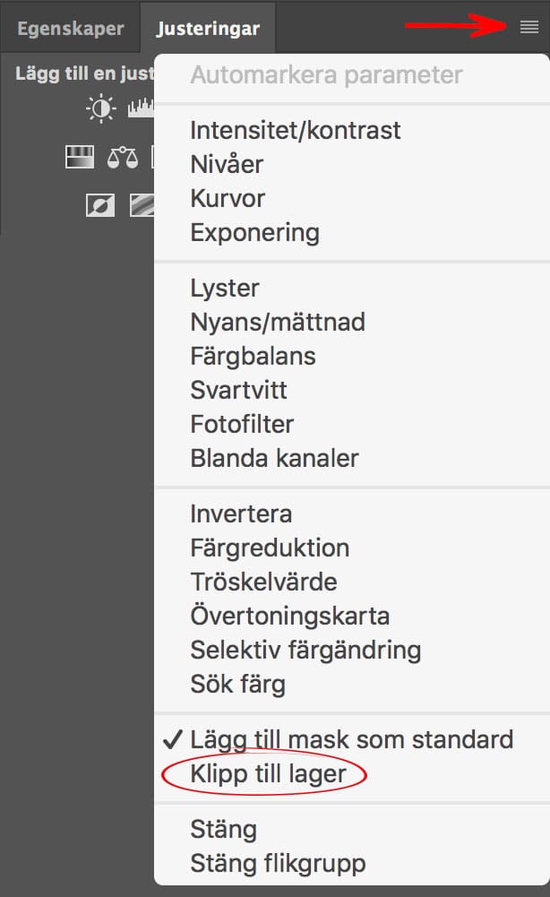 Bestäm vad justeringslager ska påverka i Photoshop