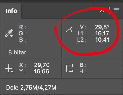 Mät två längdvärden och vinkel med linjalen i Photoshop