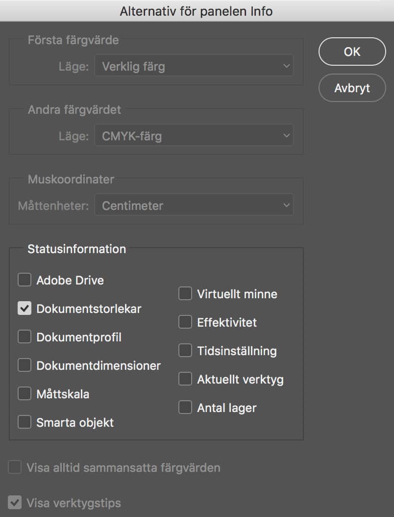Visa vettig information i Info-panelen i Photoshop