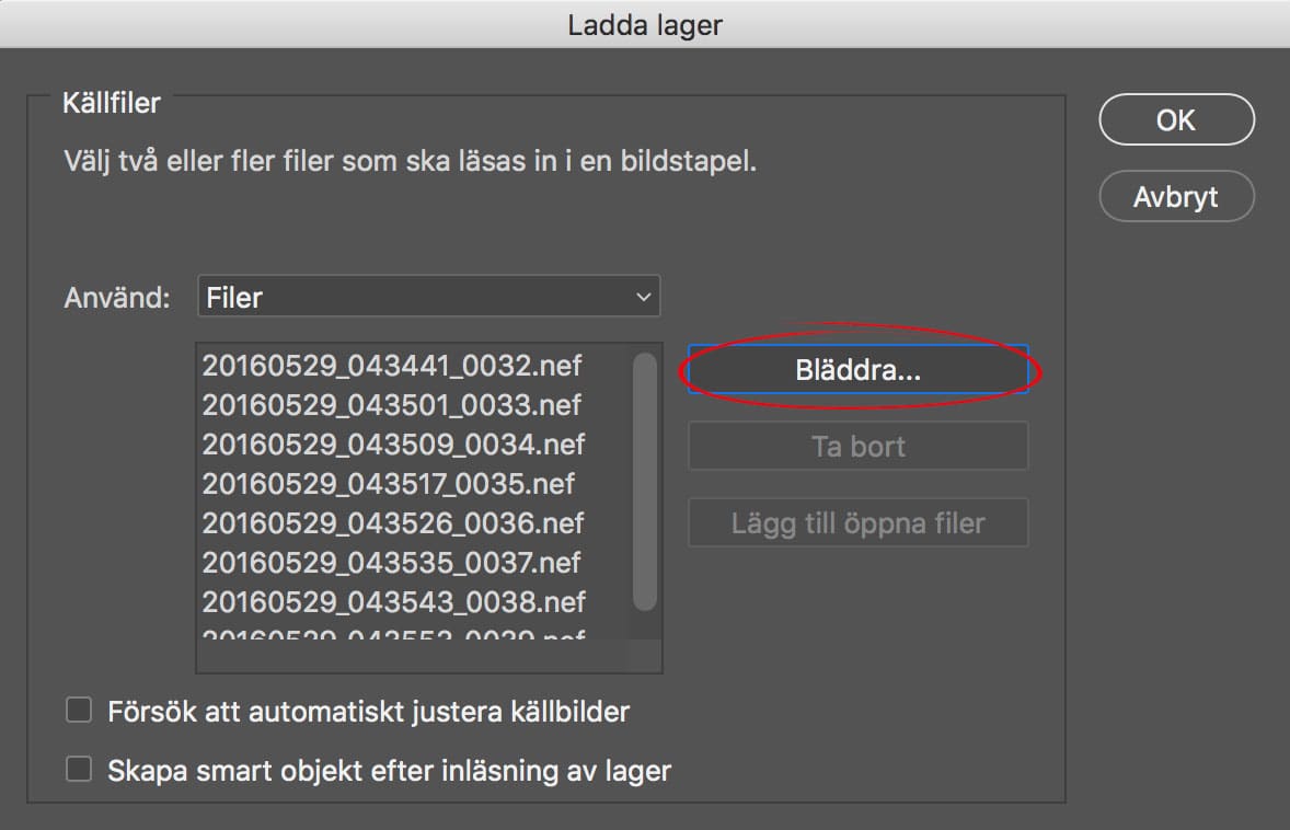 Öppna många filer som lager i ett enda dokument i Photoshop