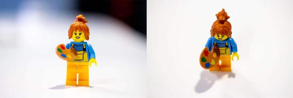 Vänster bild legofigur fotograferad från sidan. Höger bild legofigur fotograferad uppifrån