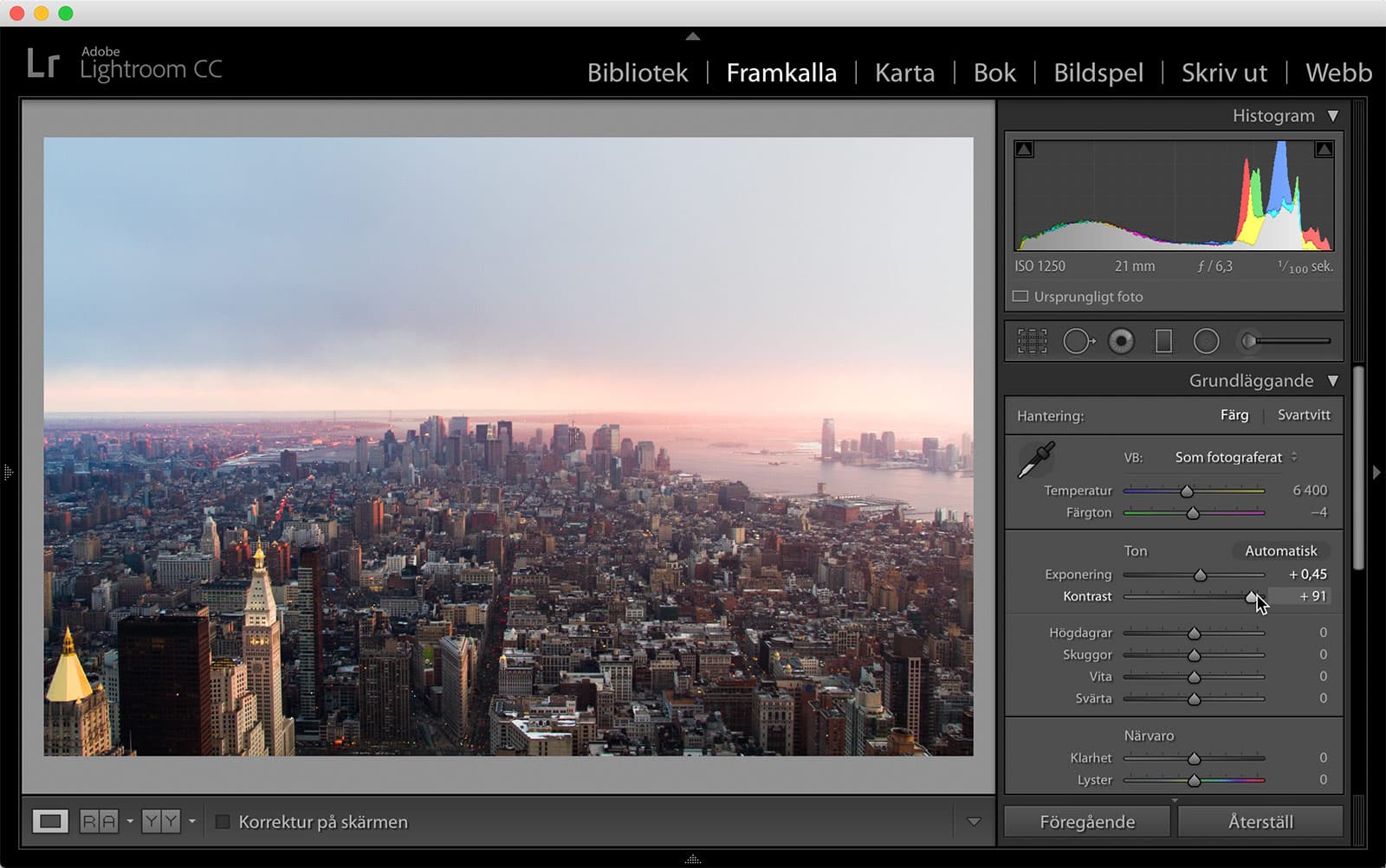 Skärmdump på framkallamodulen i Lightroom