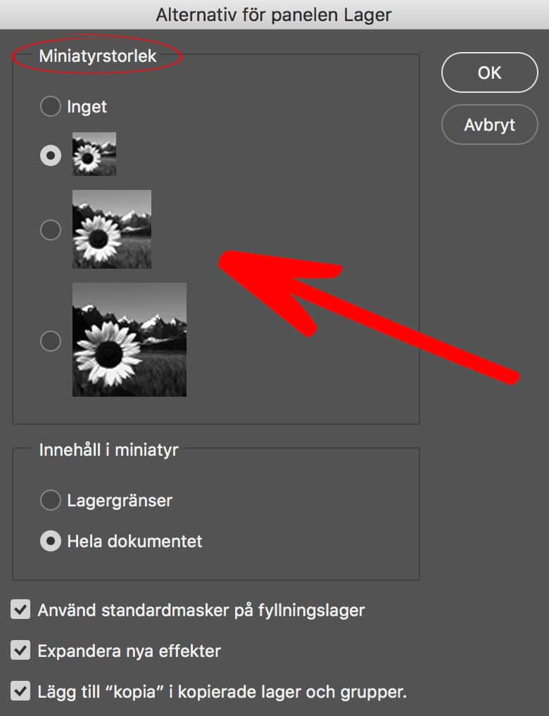 Större miniatyrer i lagerpanelen i Photoshop