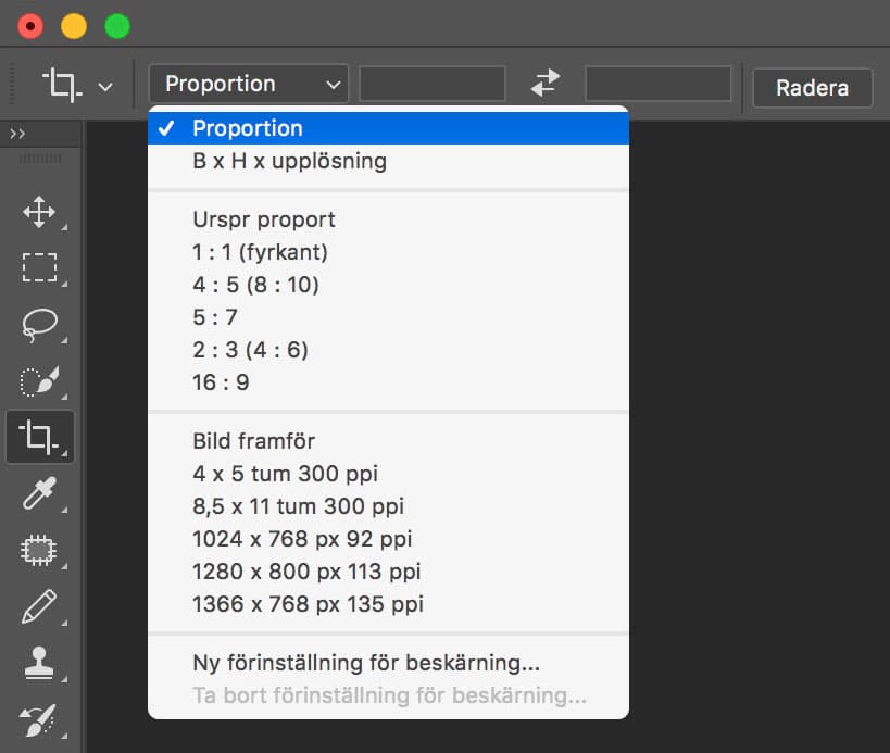 Beskär enligt proportioner i Photoshop.