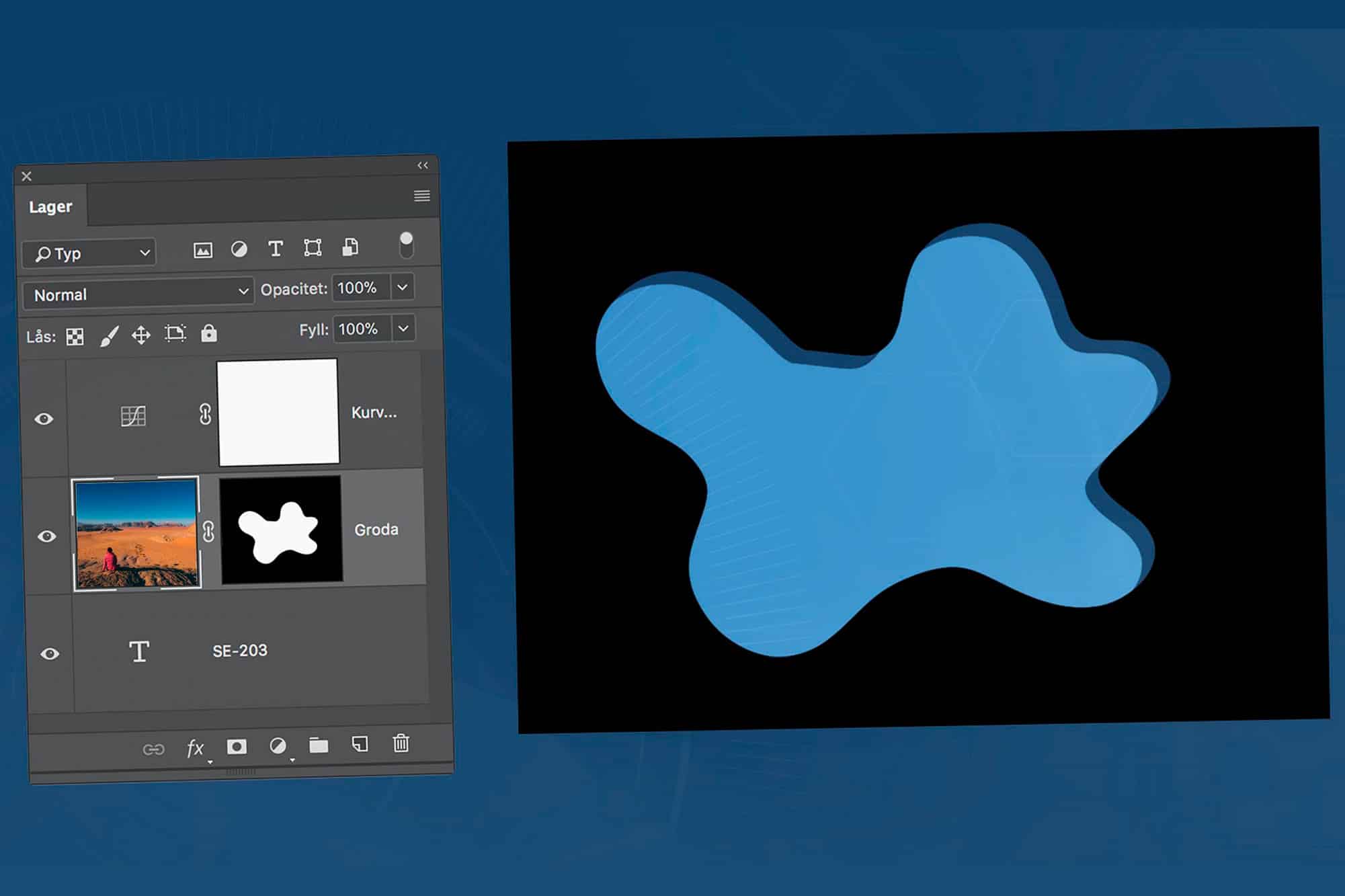 Bilden visar lagerpanelen i Photoshop. Ett lager har en lagermask som bestämmer vilka pixlar som ska synas.