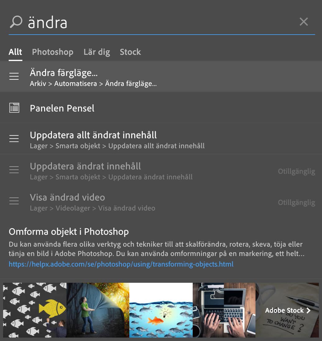 Sök menyalternativ, guider och bilder i Photoshop CC.