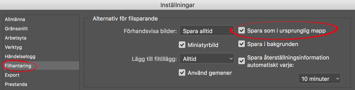 Ändra så att Spara som-dialogen öppnas där du sparade sist i Photoshop