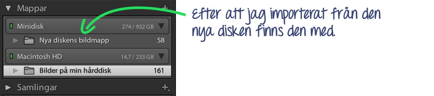 Ny disk syns i Lightroom