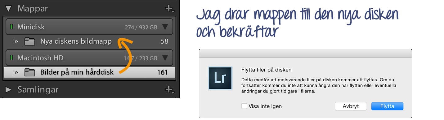Bekräfta flytt till ny disk i Lightroom