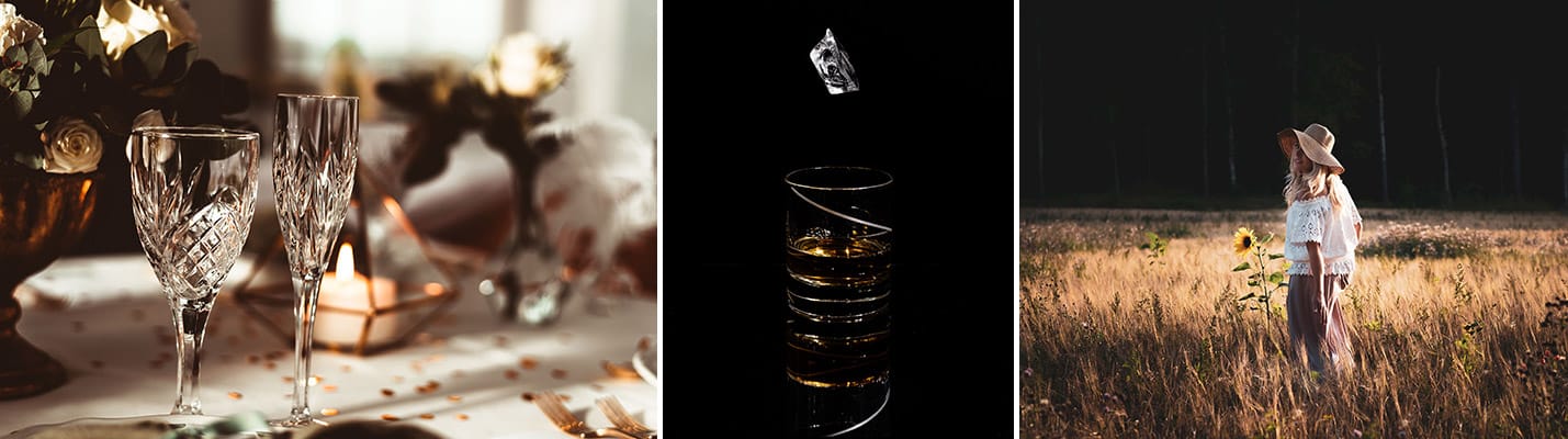 Kollage med bilder tagna av Linnéa Heinerborg, allt från bröllopsfoto och porträtt till produktfoto.