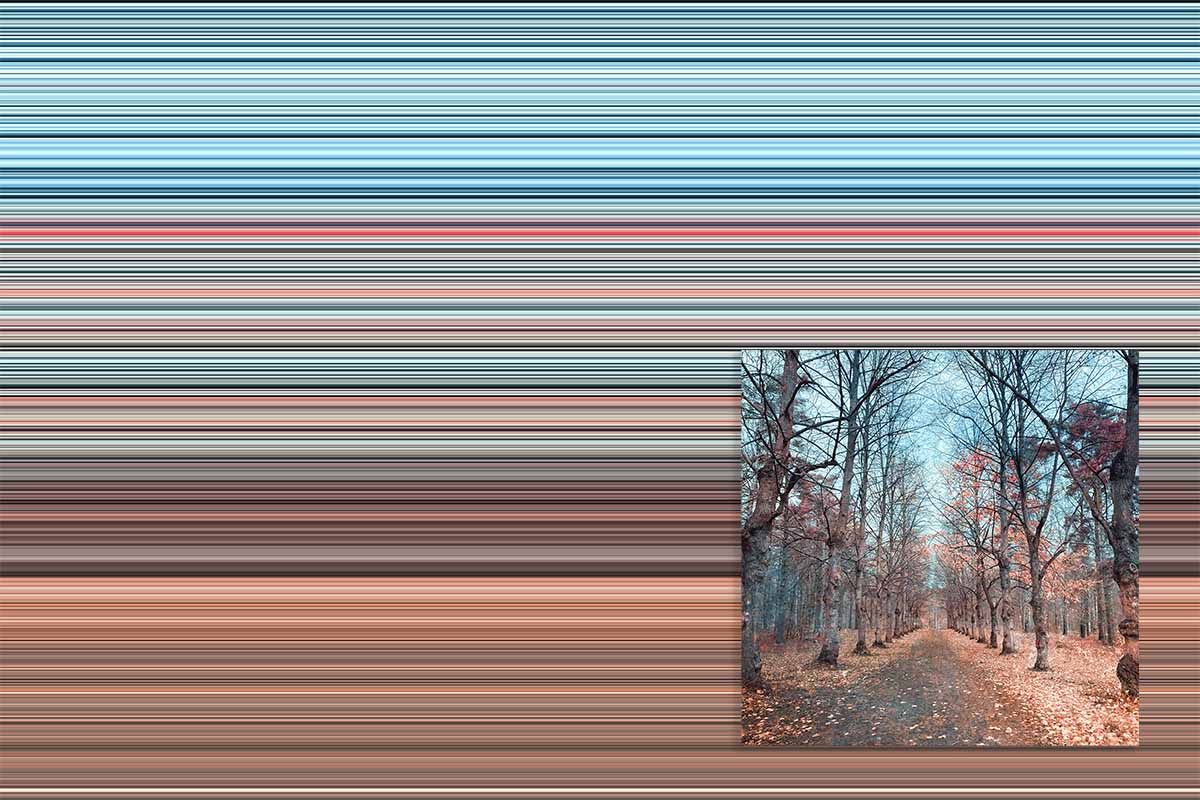 Exempel på effekten Landskapets färger, att dra ut en pixel från ett foto i Photoshop