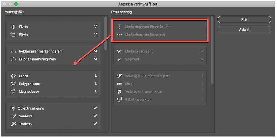Lägg till verktygen Markeringsrad och Markeringskolumn i Photoshop