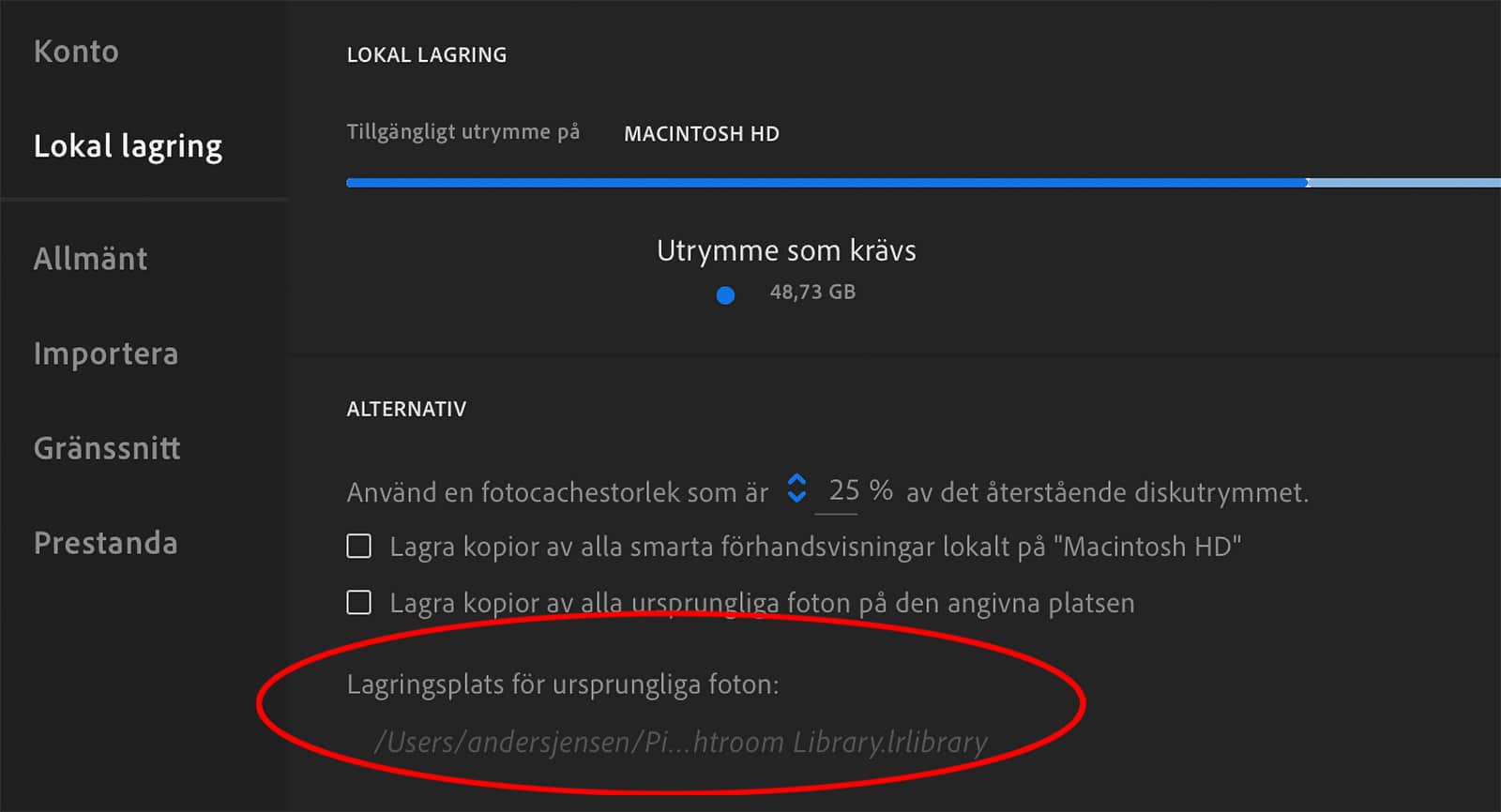 Inställningsrutan för Lokal Lagring i Lightroom Desktop. Lagringsplats för ursprungliga foton är inringat.