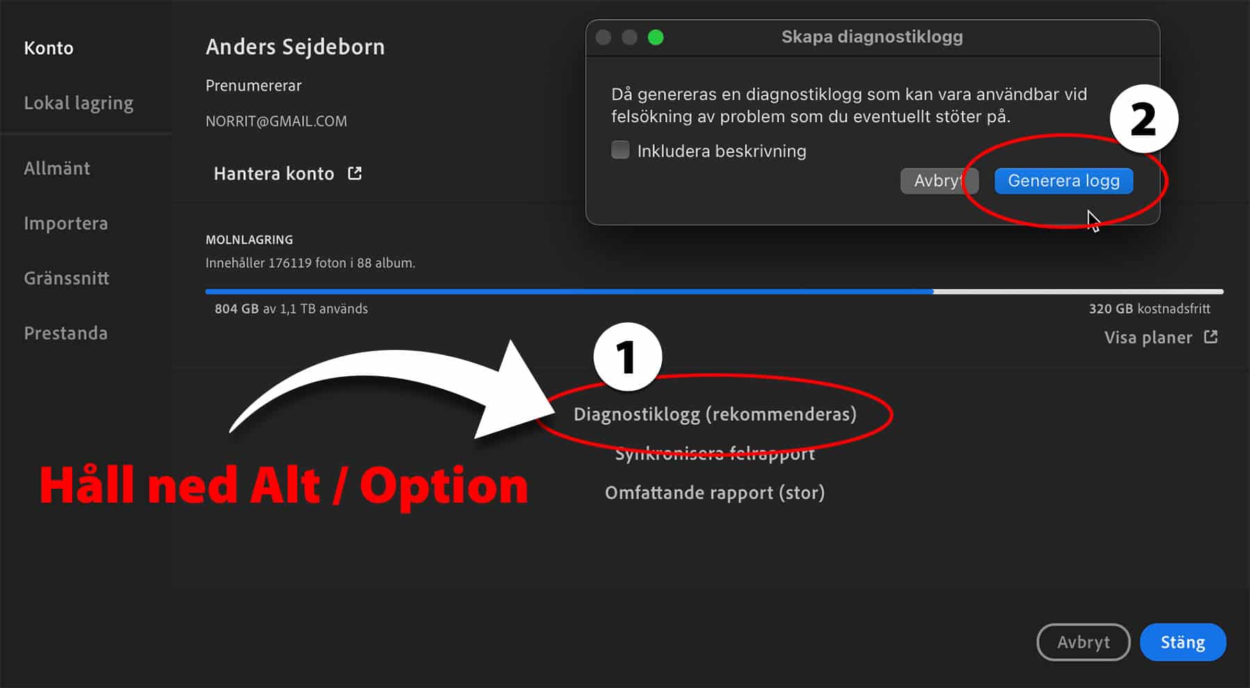 Inställningsruta i Lightroom där diagnostiklogg kan skapas.