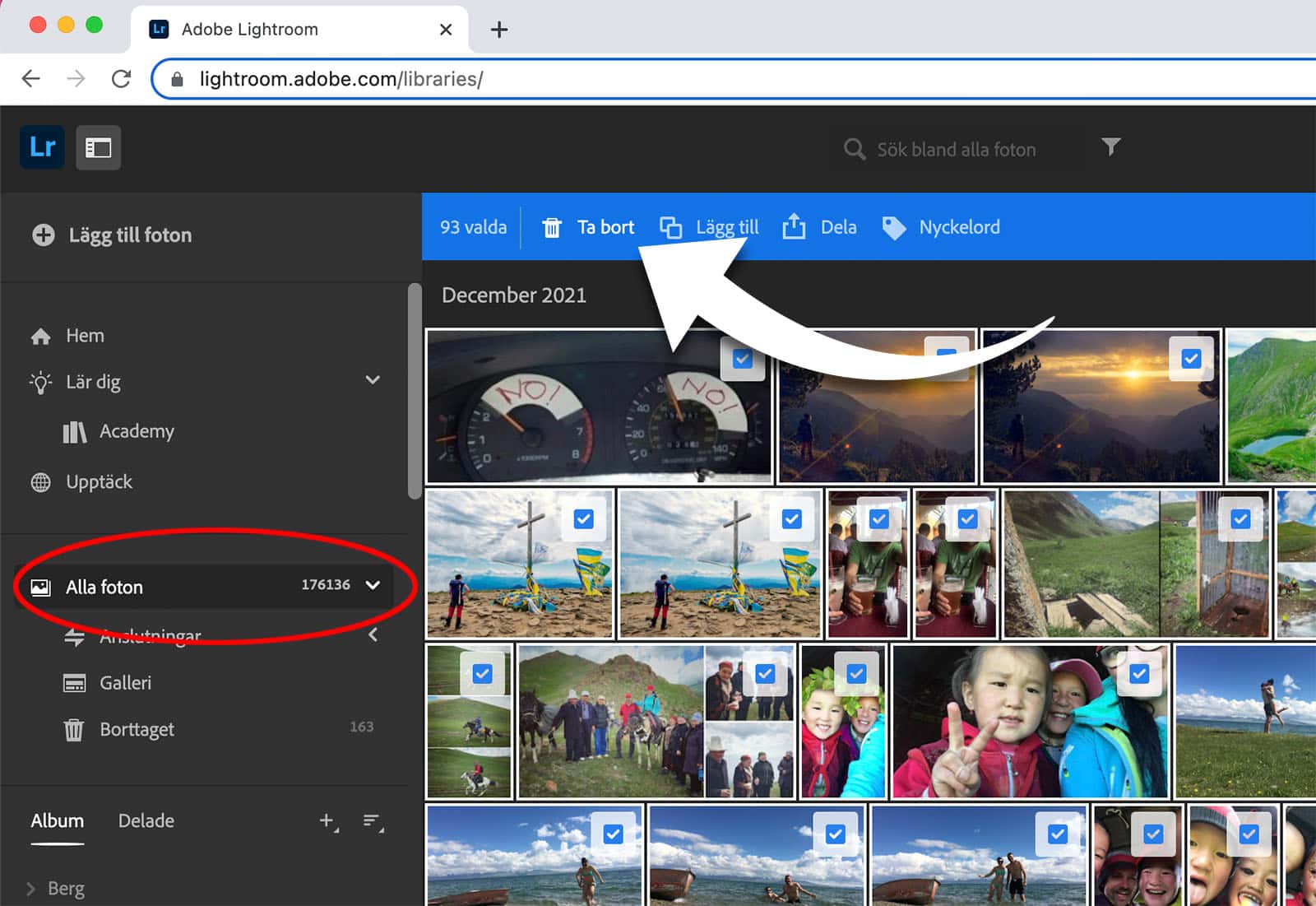 Många bilder raderas i webb-varianten av Lightroom.