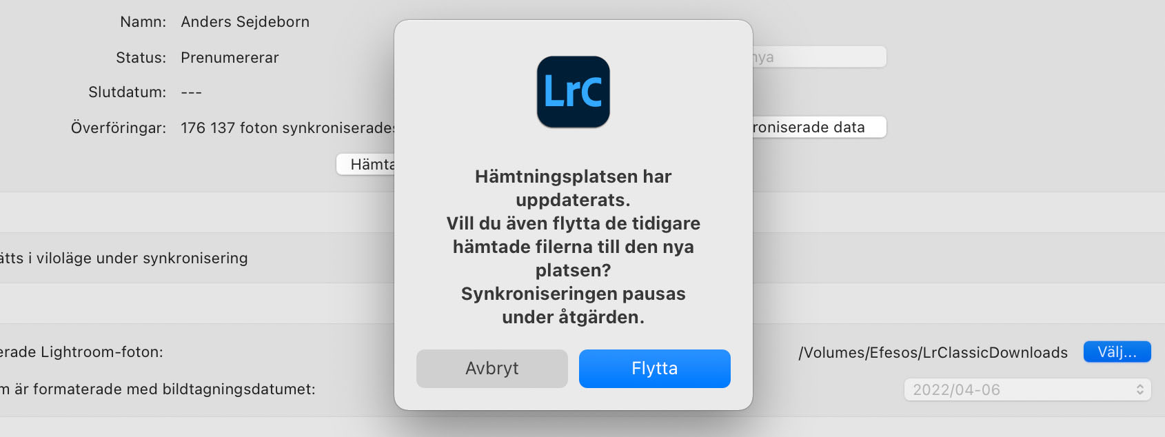 Dialogruta i Lightroom Classic som frågar om filer ska flyttas efter en uppdatering av lagringsplatsen för synkroniserade filer har ändrats