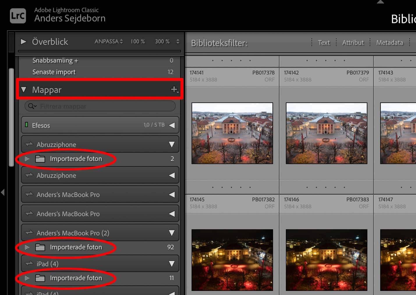 I Lightroom Classics mapp-panel visas bilderna som laddats ned från molnet.