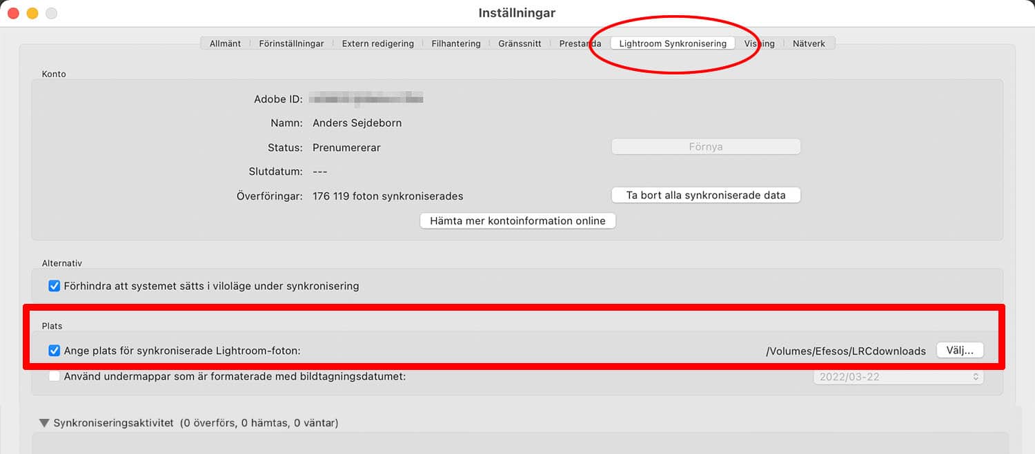 Välj plats för synkroniserade Lightroom-foton i Lightroom Classics programinställningar
