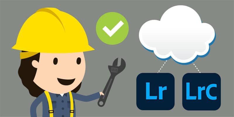 En kvinna i bygghjälm håller en skiftnyckeln intill ett moln och logotyperna för Lightroom och Lightroom Classic