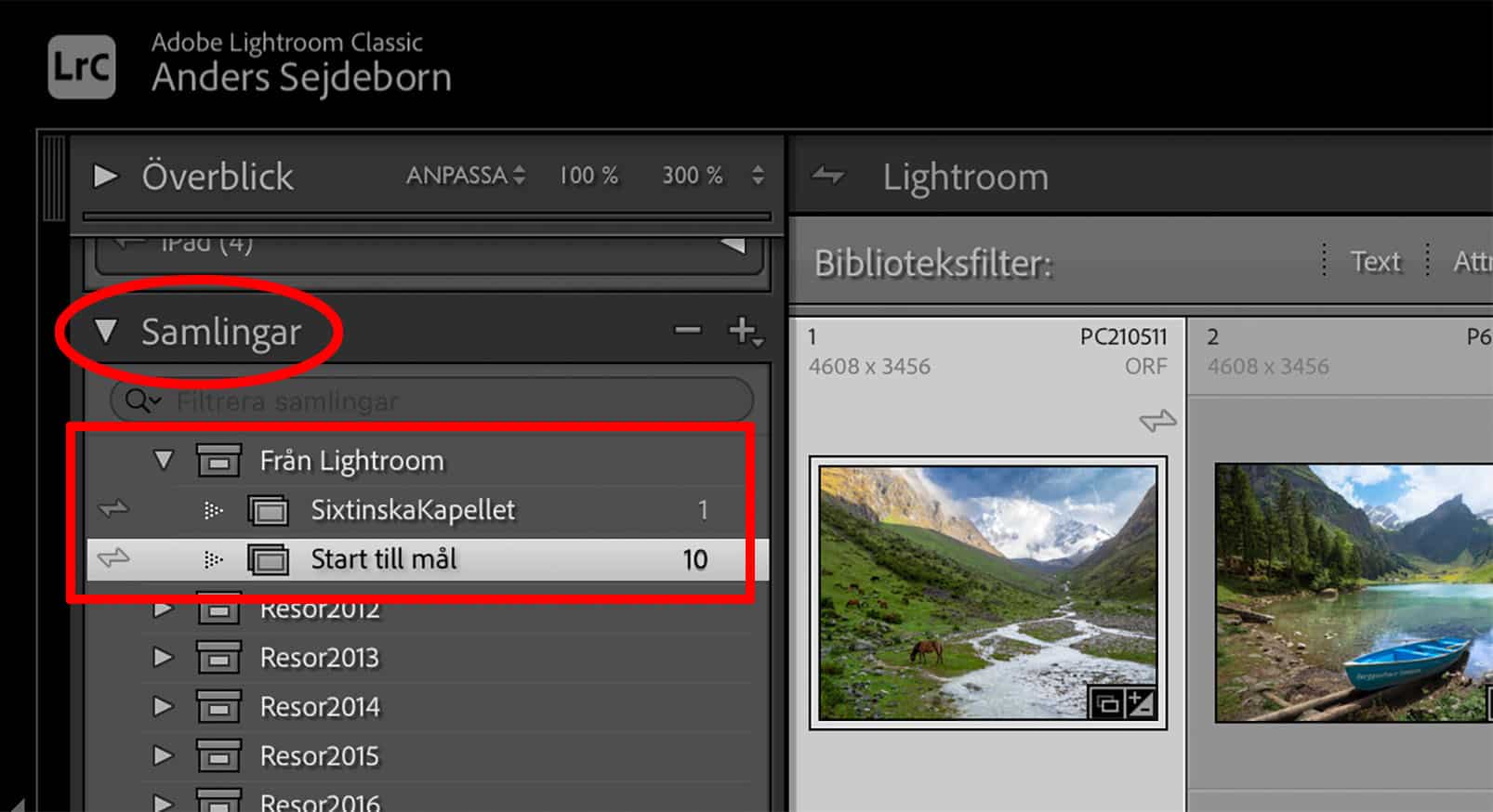Samlingspanelen i Lightroom Classic med två samlingar från Lightroom