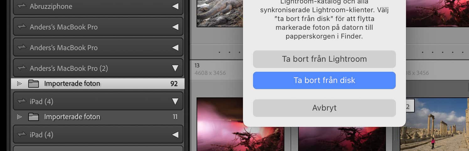 Ta bort bilder från disk i Lightroom Classic