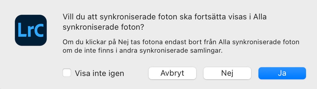 Lightroom Classic frågar om en bild som ska tas bort från Alla synkroniserade foton