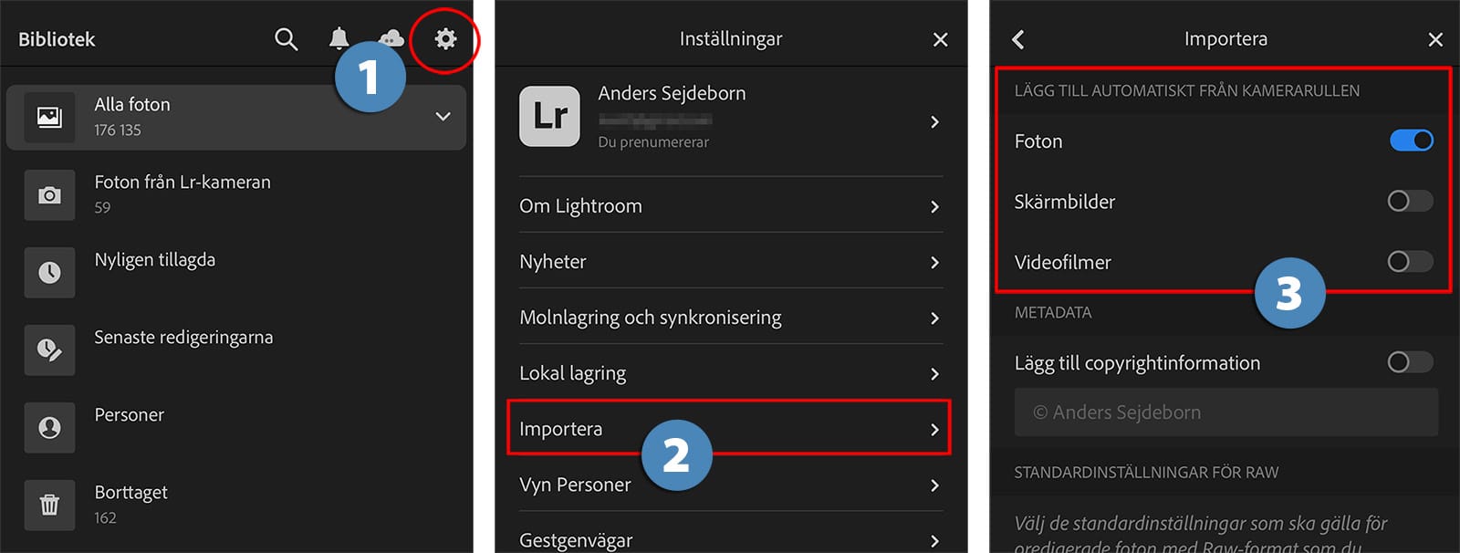 Inställningar för automimport i Lightroom på mobilen