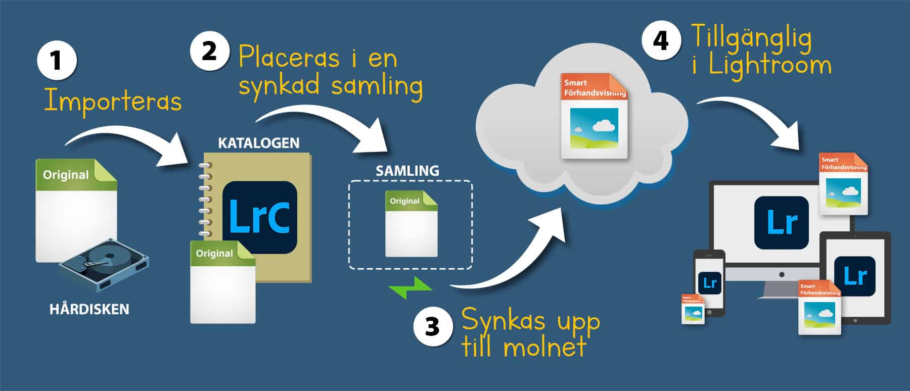 Flödet för hur en bild importeras till Lightroom Classic och sedan synkas till det molnbaserade Lightroom