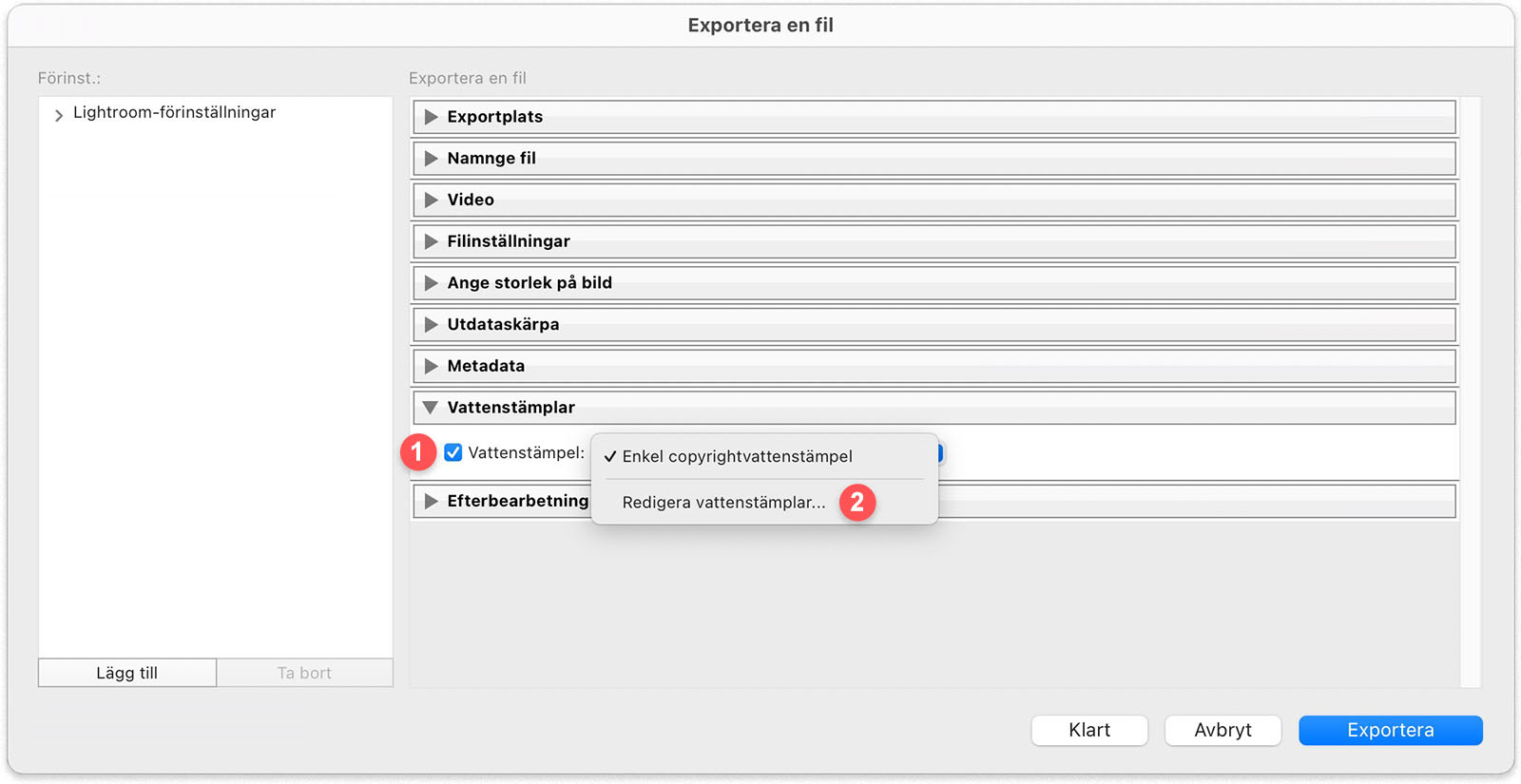 Dialogrutan Export i Lightroom Classic med fokus på vattenstämpel